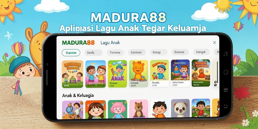 Antarmuka aplikasi MADURA88 dengan lagu anak yang ceria.