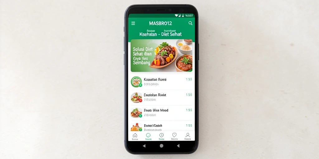 Screenshot utama MASBRO12 menampilkan antarmuka aplikasi Diet Sehat yang menarik.