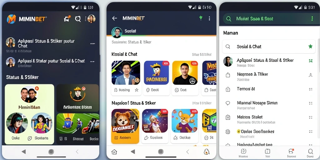 Tampilan antarmuka MIMINBET dengan berbagai stiker dan status.